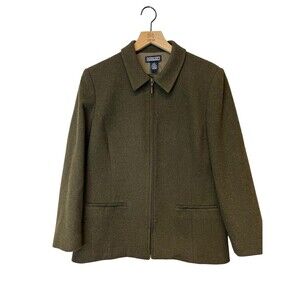 Land’s End Women’s Short Zip Collared Jacket Olive Green Wool Blend Size 12